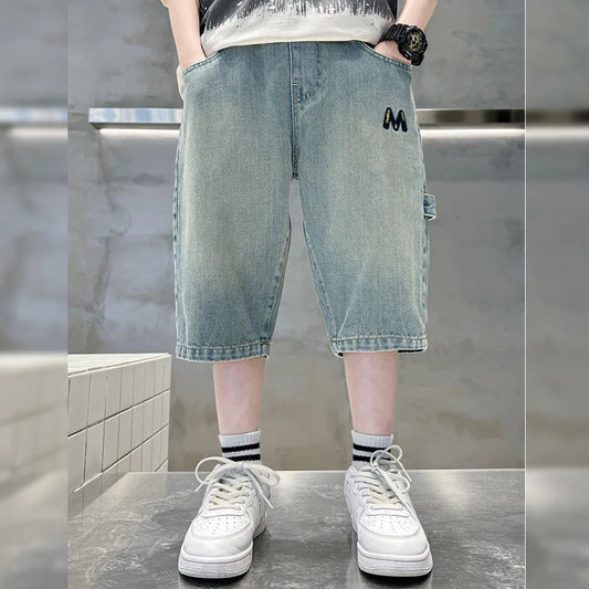 Teen Boys Embroidered Denim Shorts - Letter M Summer Style