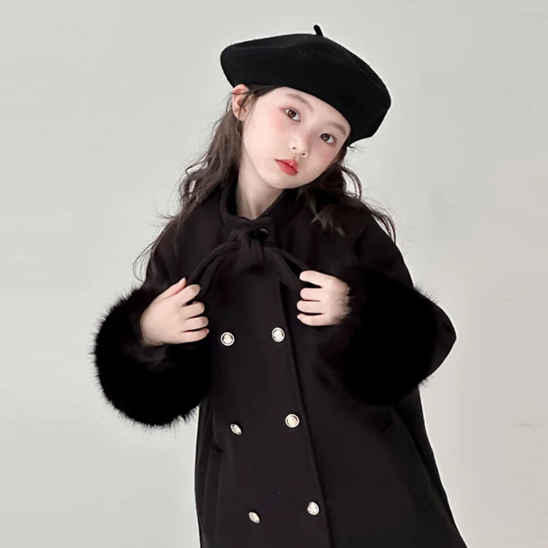 Girls Double Breasted Bow Wool Coat - Warm Winter Outerwear