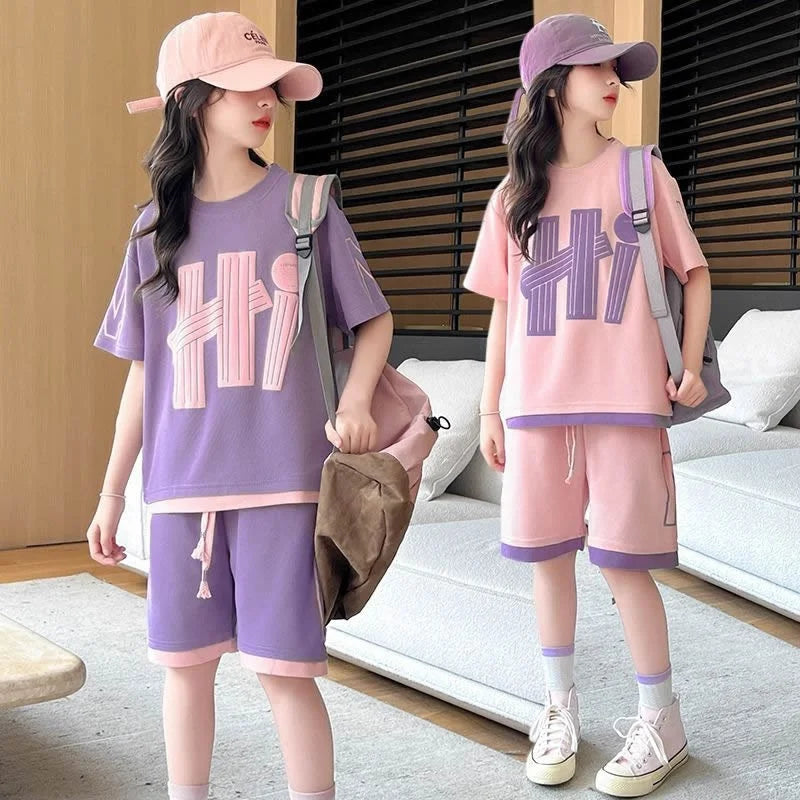 Girls Letter Print Tee and Shorts Set - Loose Summer Outfit