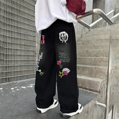 Boys Black Print Wide Leg Jeans - Washed Straight Denim Pants