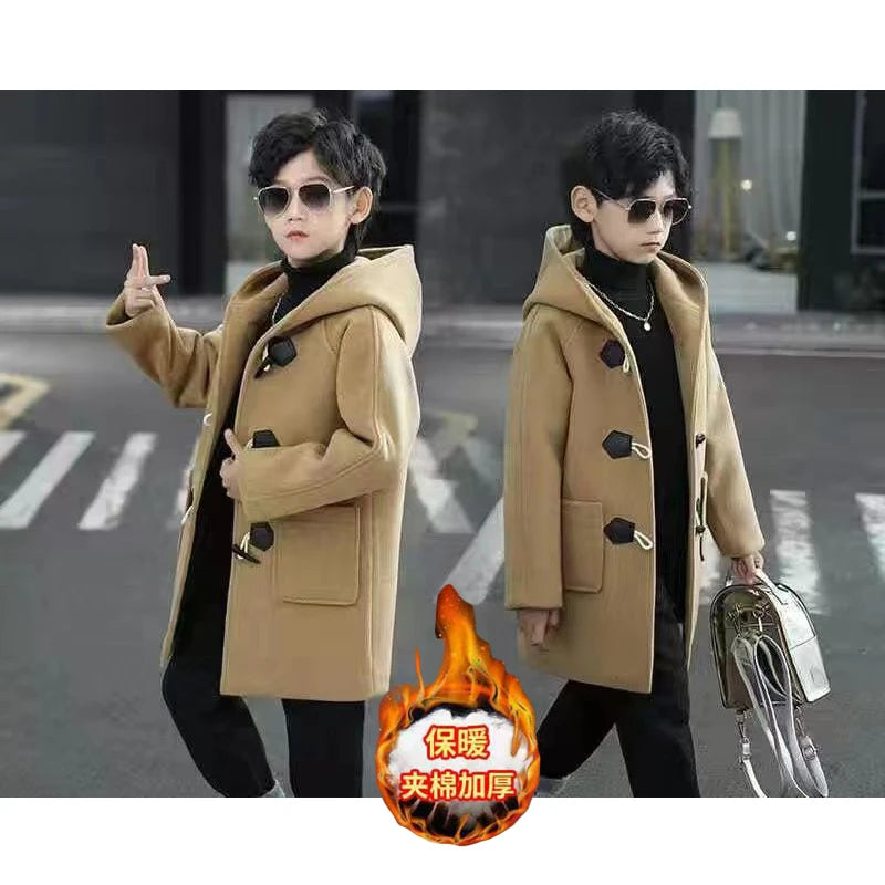 Boys Hooded Wool Coat - Single Breasted Winter Parka