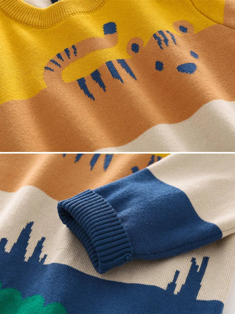 Kids Cartoon Animal Striped Sweater - Winter Knit Top