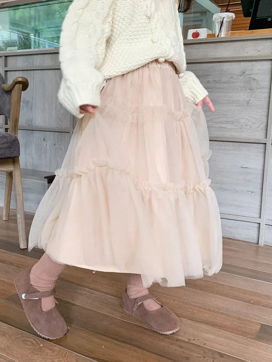 Girls Gauze Mesh Fluffy A-Line Skirt