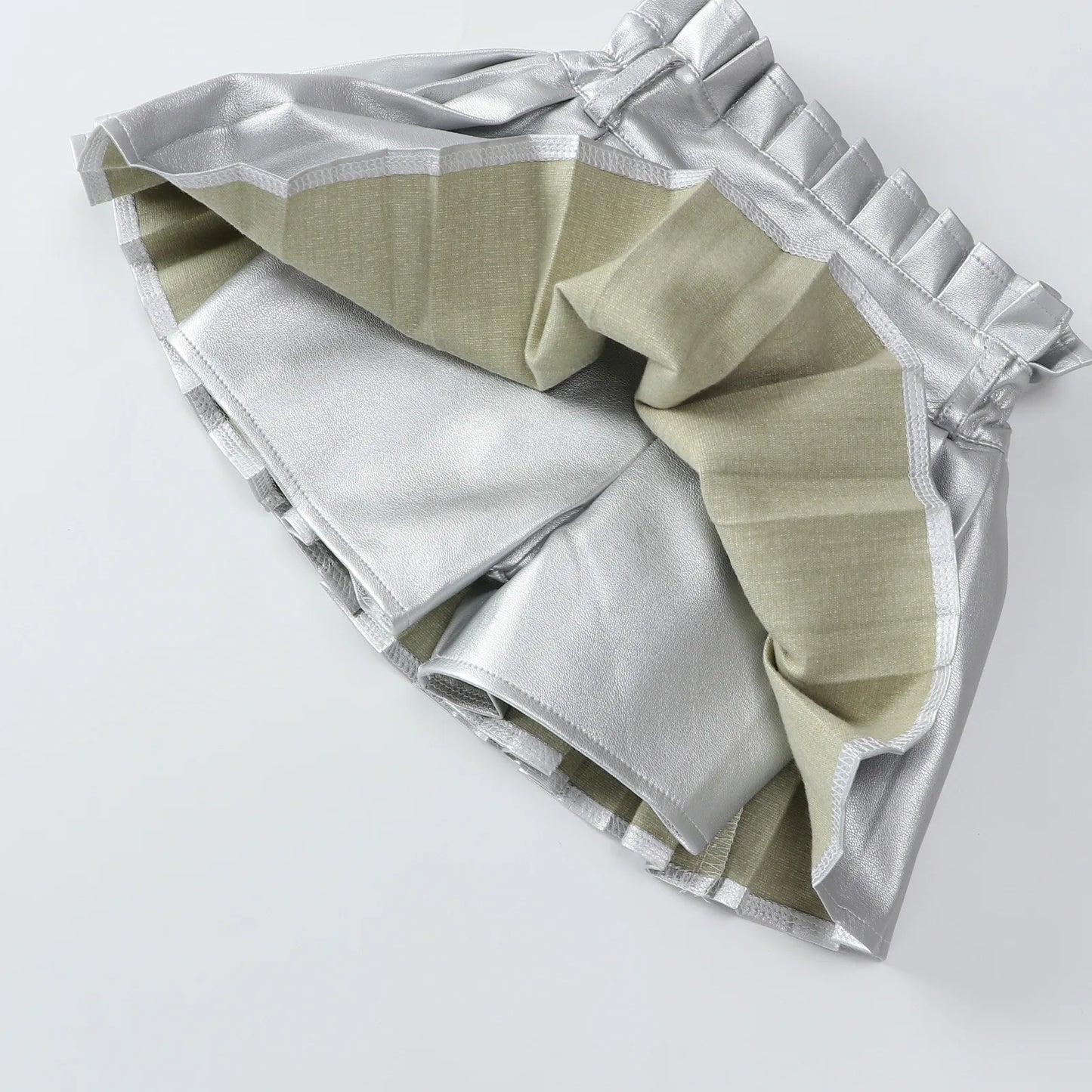 Girls High Waist Pleated PU Leather Mini Skirt