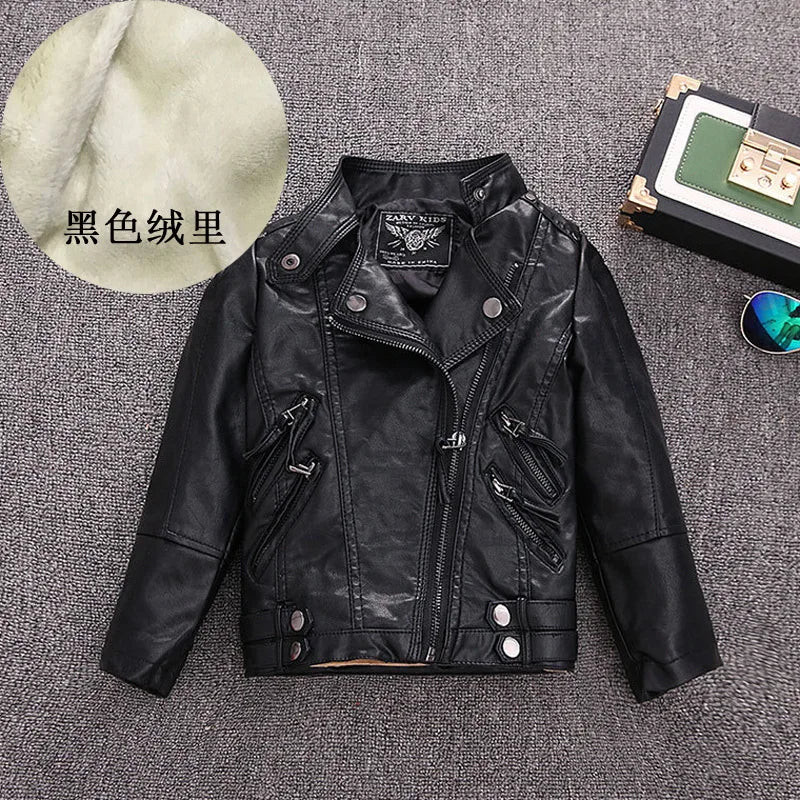 Girls Faux Leather Zip Jacket - Belted Biker Style