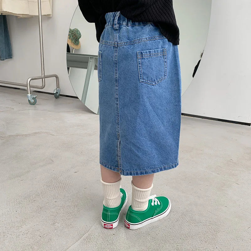 Girls Korean Style Mid Length A-Line Pocket Skirt