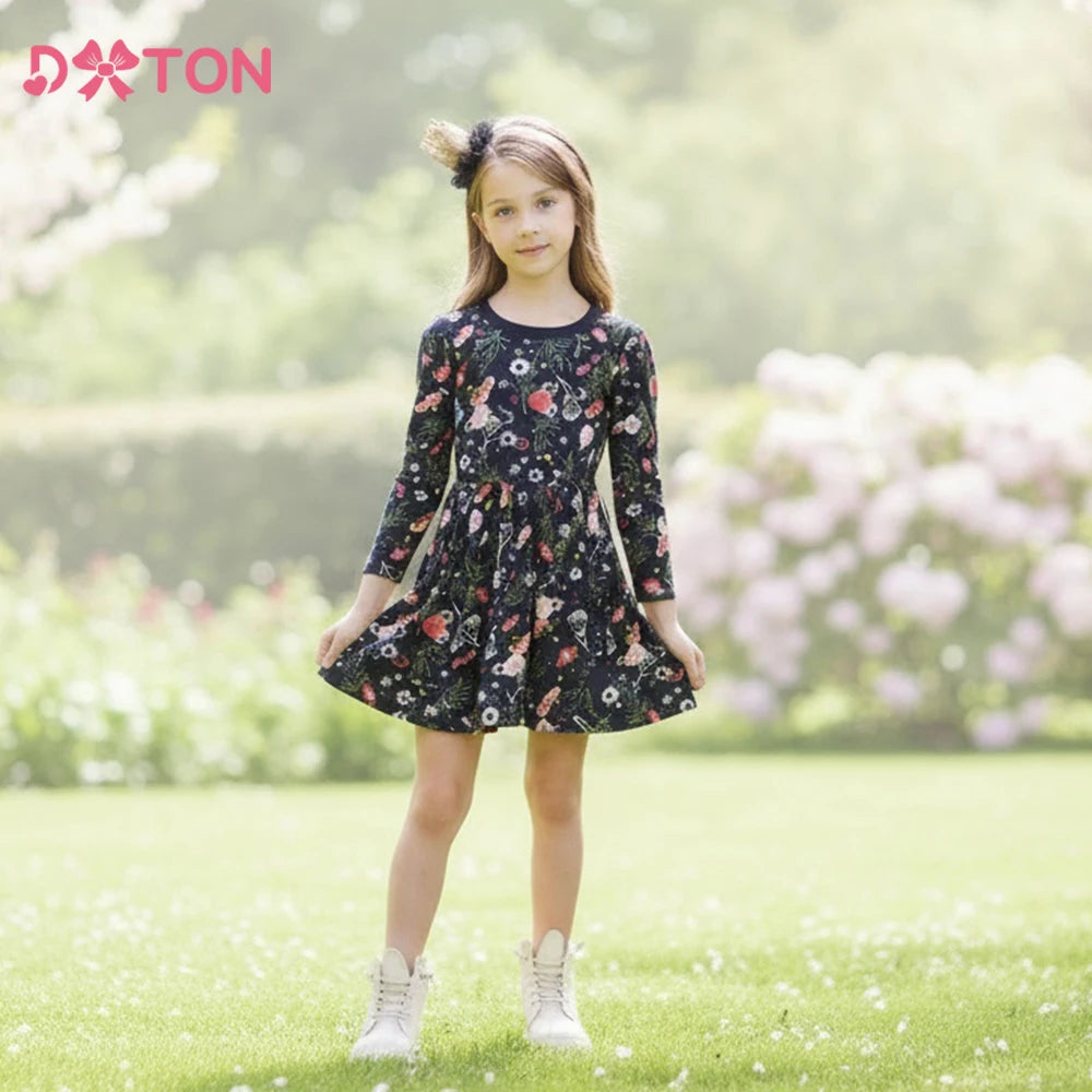 Girls Floral Long Sleeve Winter Dress - Warm Cotton Style
