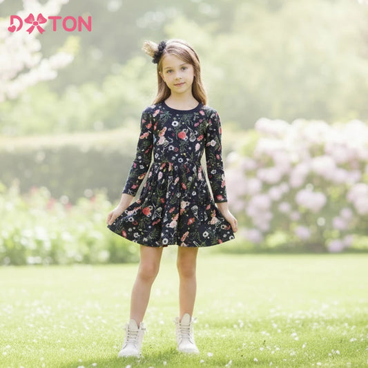 Girls Floral Long Sleeve Winter Dress - Warm Cotton Style
