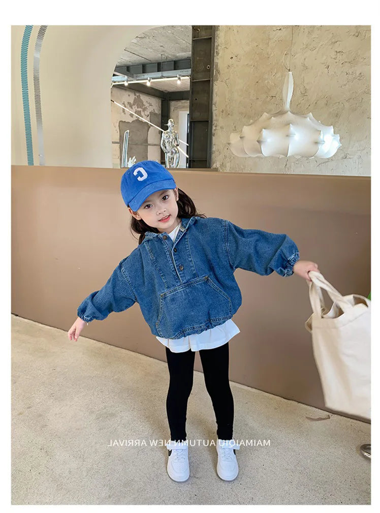 Girls Denim Hooded Jacket - Korean Zipper Coat
