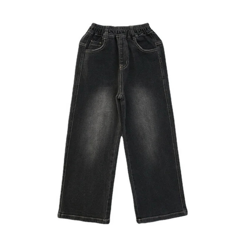 Girls Vintage Wide Leg Denim Pants - Solid Casual Trousers