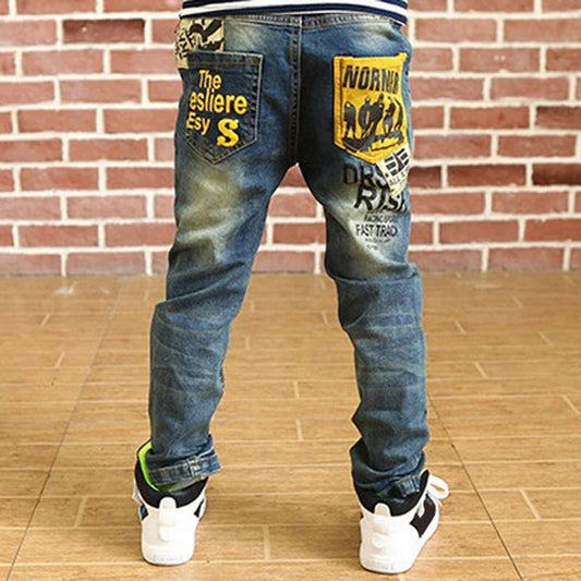 Kids Skinny Denim Trousers - Elastic Waist Sports Bottoms