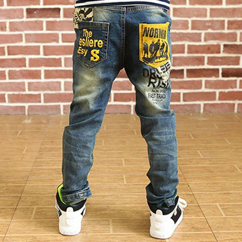 Kids Skinny Denim Trousers - Elastic Waist Sports Bottoms