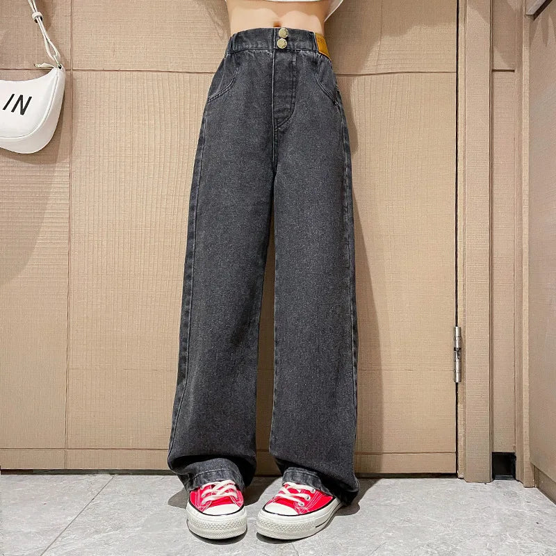 Girls Vintage Wide Leg Denim Pants - Solid Casual Trousers