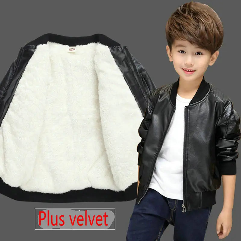 Boys PU Leather Jacket - Plus Velvet Warm Winter Coat