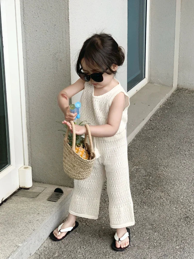 Girls Knitted Vest Wide Leg Pants Set - Breathable Summer Style