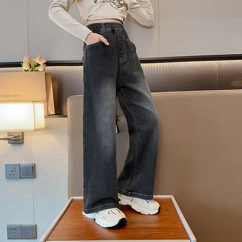 Girls Vintage Wide Leg Denim Pants - Solid Casual Trousers