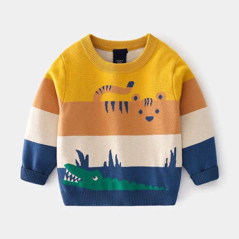 Kids Cartoon Animal Striped Sweater - Winter Knit Top