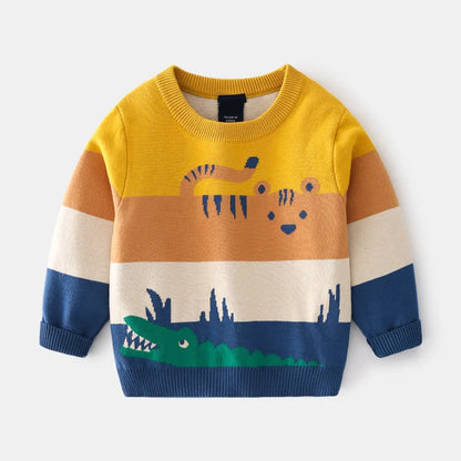 Kids Cartoon Animal Striped Sweater - Winter Knit Top