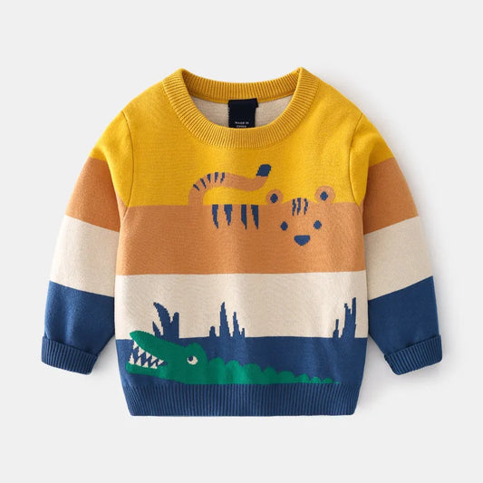 Kids Cartoon Animal Striped Sweater - Winter Knit Top