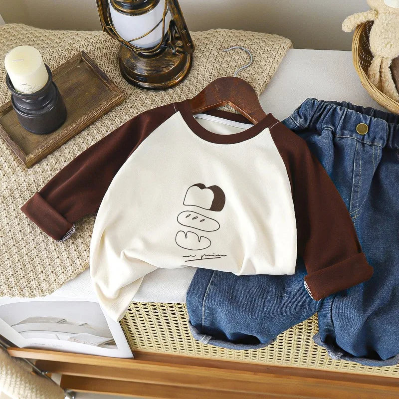 Kids Velvet Long Sleeve Base Shirt - Patched Color Round Neck Tee