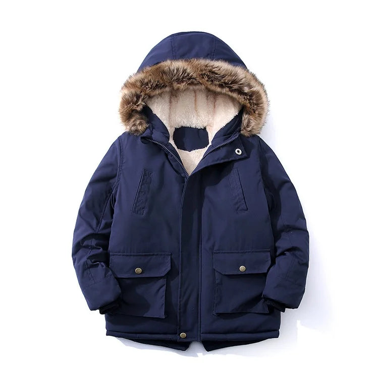 Kids Plush Hooded Padded Jacket - Medium Length Winter Coat