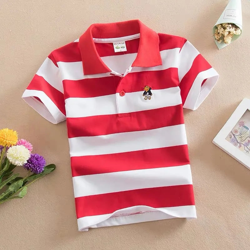 Boys Printed Polo Shirt - Cotton Blend Short Sleeve Lapel Top