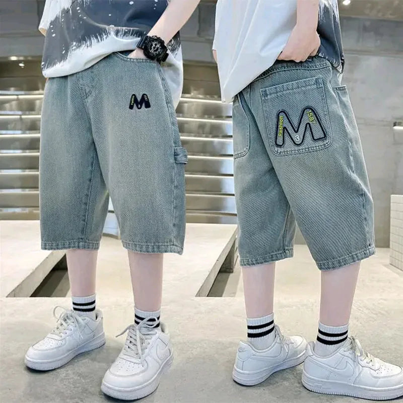 Teen Boys Embroidered Denim Shorts - Letter M Summer Style