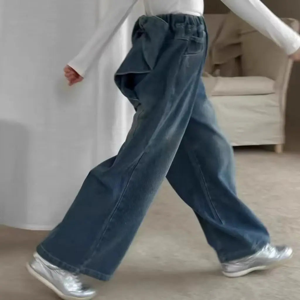 Girls Bow Detail Straight Leg Wide Leg Jeans