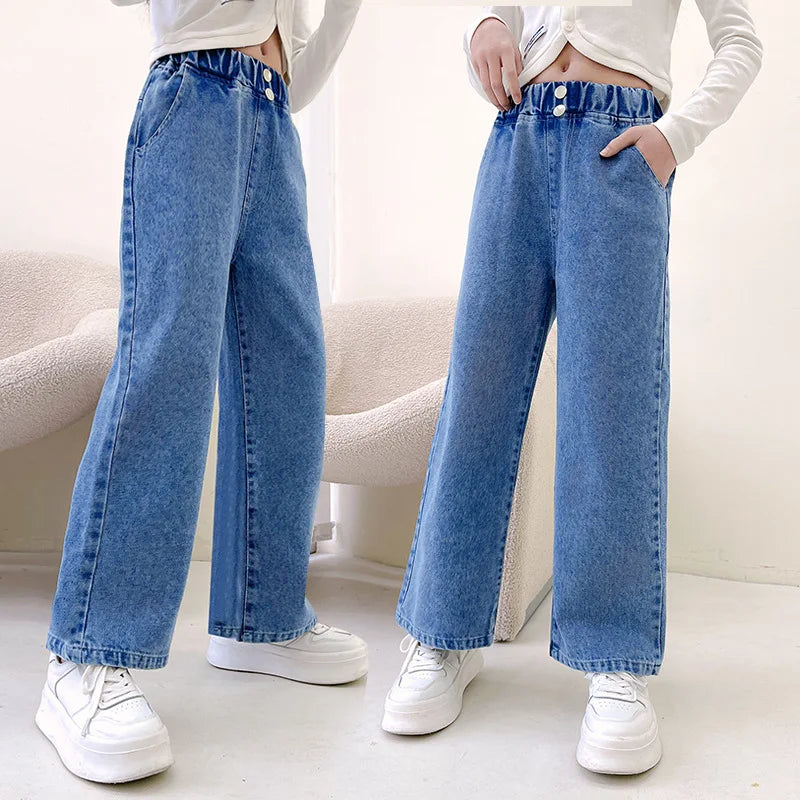 Teen Girls Loose Two Button Straight Jeans - School Trousers