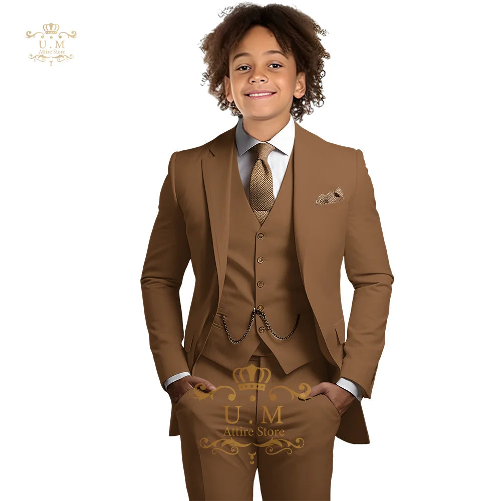 Boys Khaki 3-Piece Suit - Jacket Vest and Pants Tuxedo Set