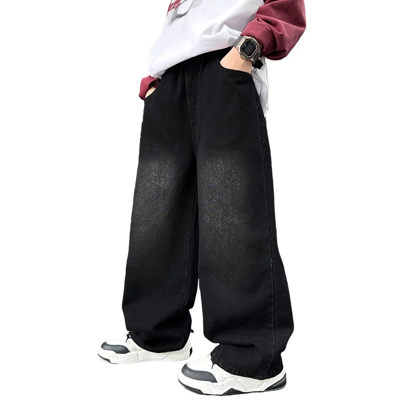 Boys Black Print Wide Leg Jeans - Washed Straight Denim Pants