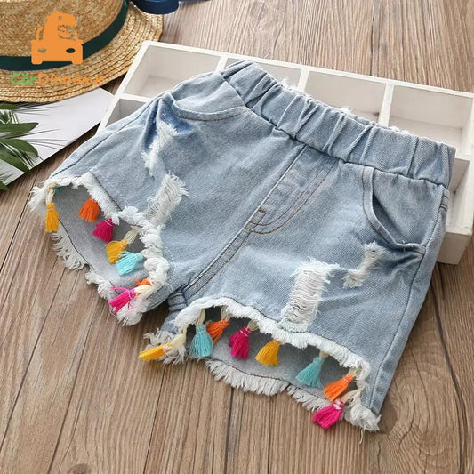 Girls Tassel Distressed Denim Shorts