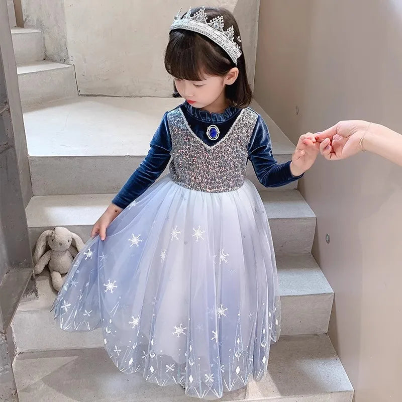Girls Velvet Blue Cape Princess Dress Set - Warm Party Outfit