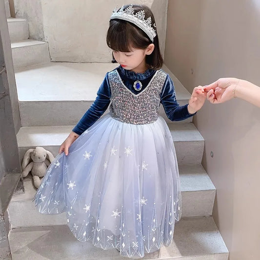 Girls Velvet Blue Cape Princess Dress Set - Warm Party Outfit