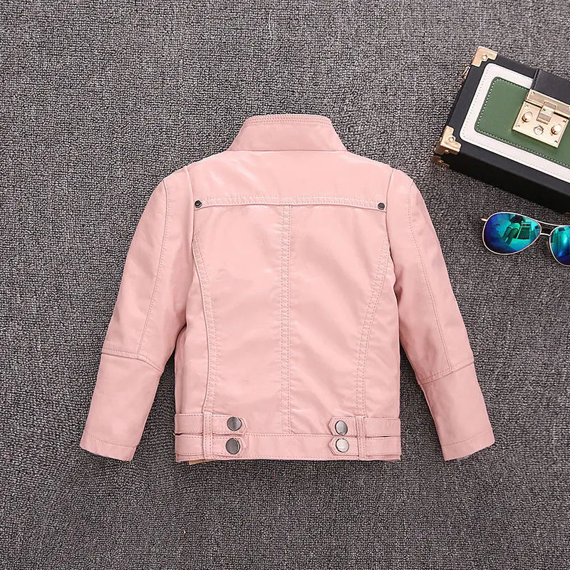 Girls Faux Leather Zip Jacket - Belted Biker Style