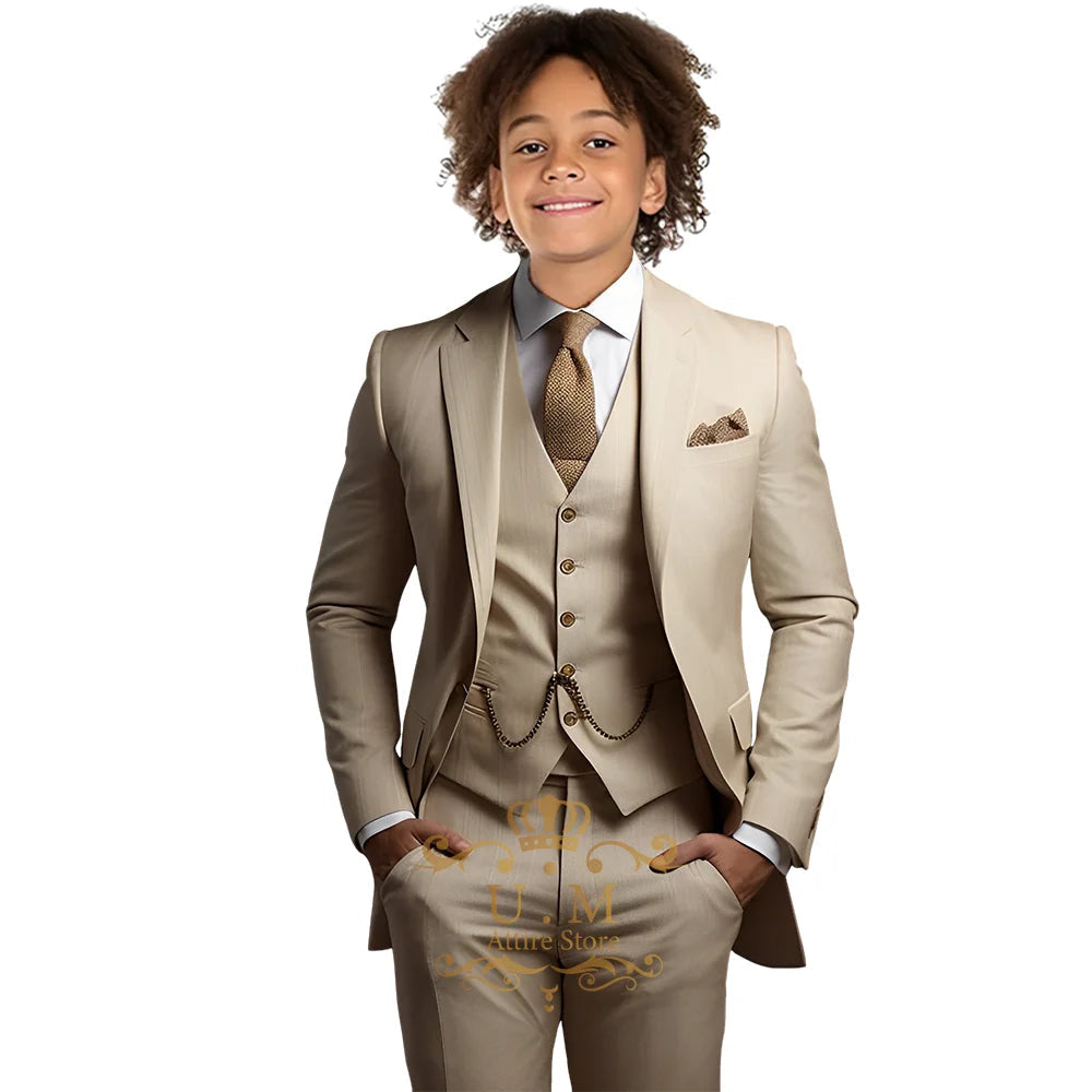 Boys Khaki 3-Piece Suit - Jacket Vest and Pants Tuxedo Set