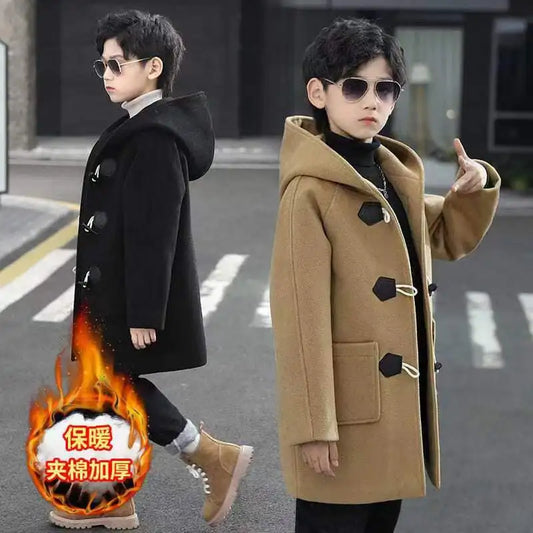 Boys Hooded Wool Coat - Single Breasted Winter Parka