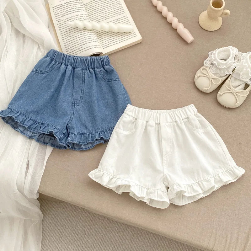 Girls Ruffled Trim Soft Denim Shorts