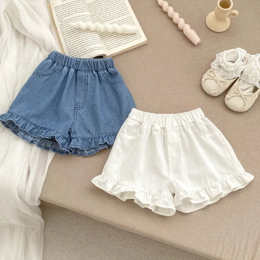 Girls Ruffled Trim Soft Denim Shorts