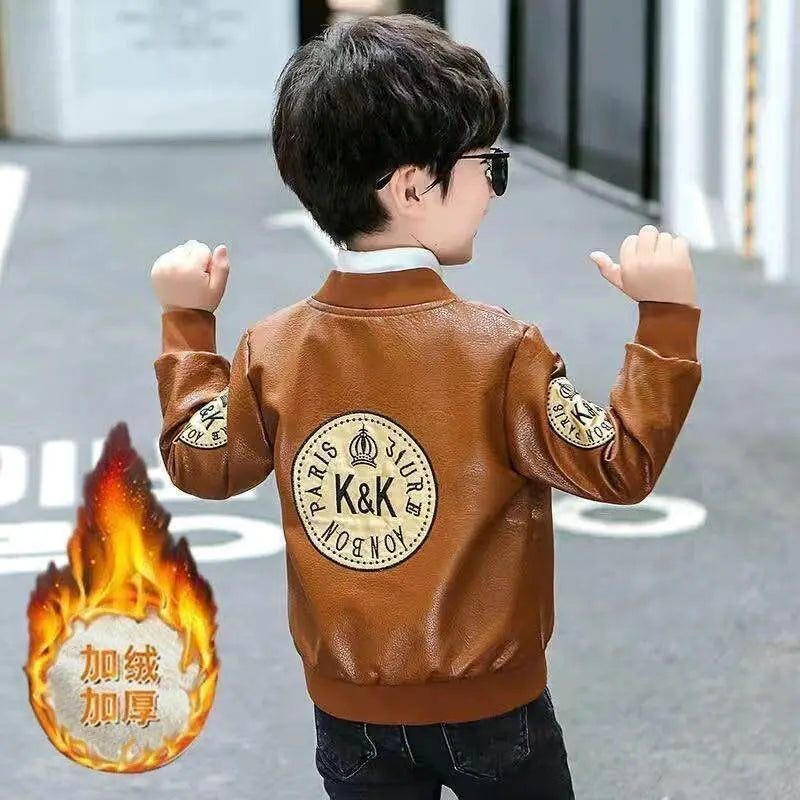Boys PU Leather Jacket - Plus Velvet Warm Winter Coat