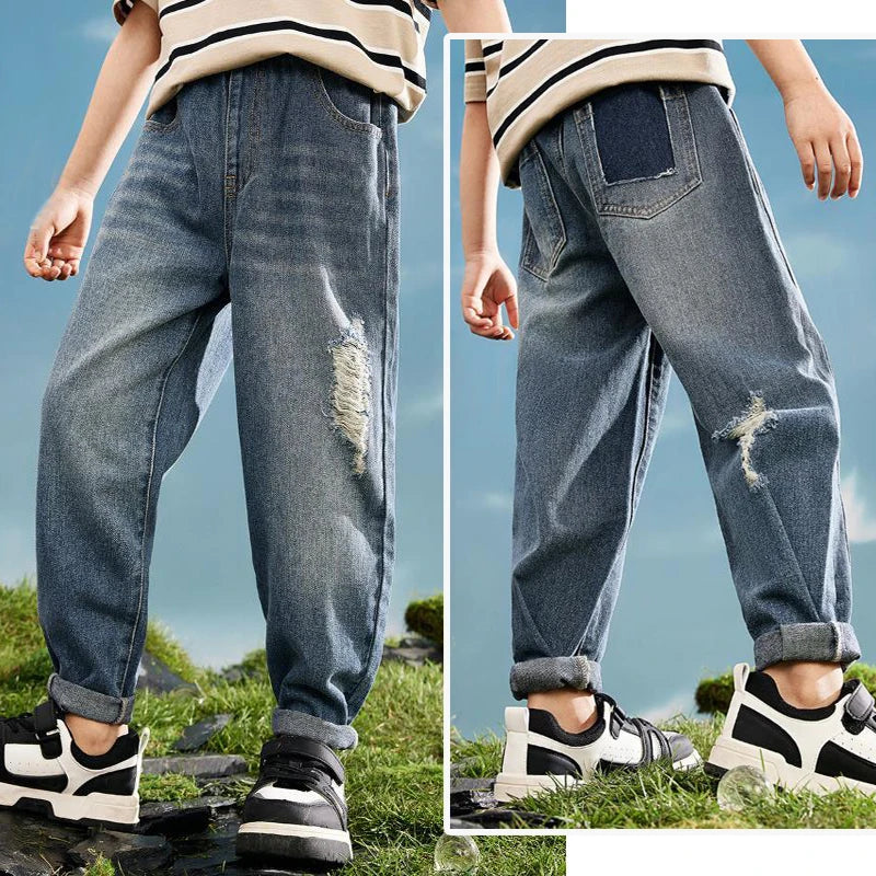 Kids Skinny Denim Trousers - Elastic Waist Sports Bottoms