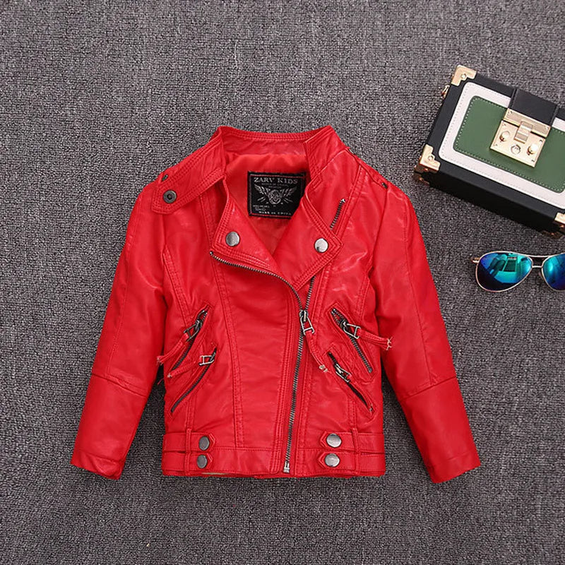 Girls Faux Leather Zip Jacket - Belted Biker Style