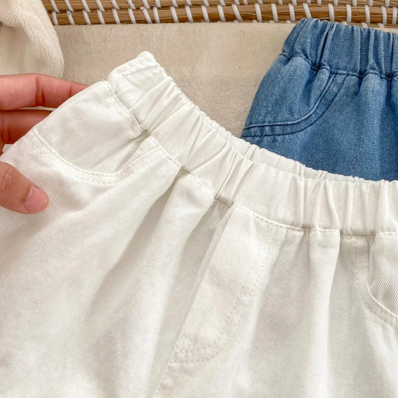 Girls Ruffled Trim Soft Denim Shorts