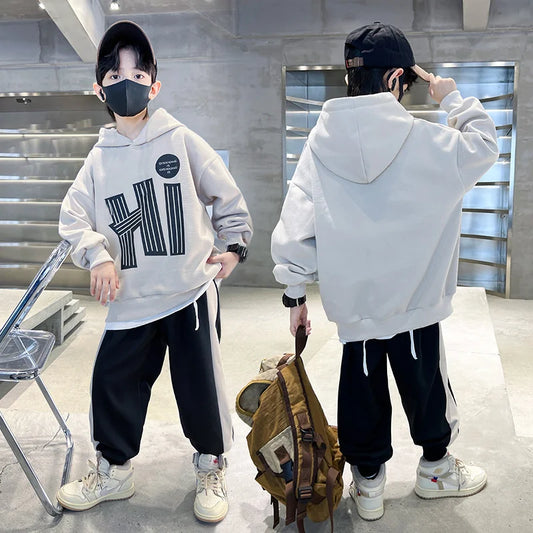 Boys Hooded Sweatshirt Suit - Casual Two-Piece Top and Pants Set