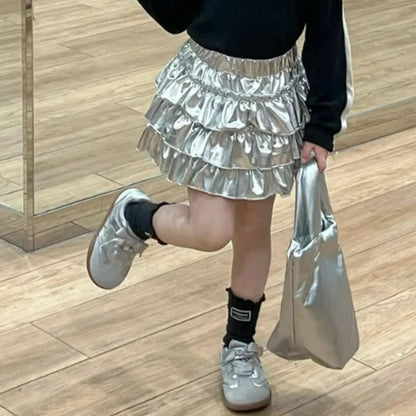 Girls Shiny Metallic Layered Tulle Mini Skirt