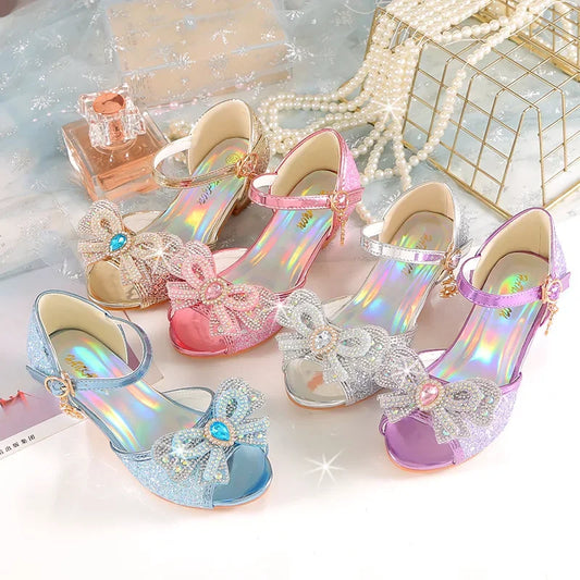 Girls Rhinestone Bow Heel Sandals for Parties