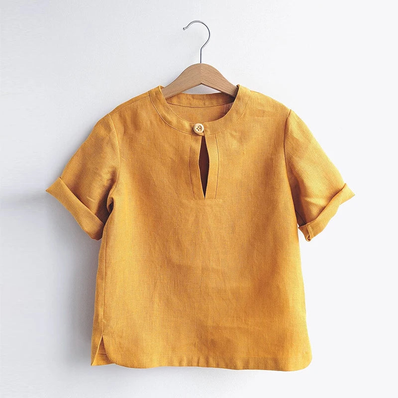 Boys Linen Cotton T-Shirt - Solid Short Sleeve Round Neck Top