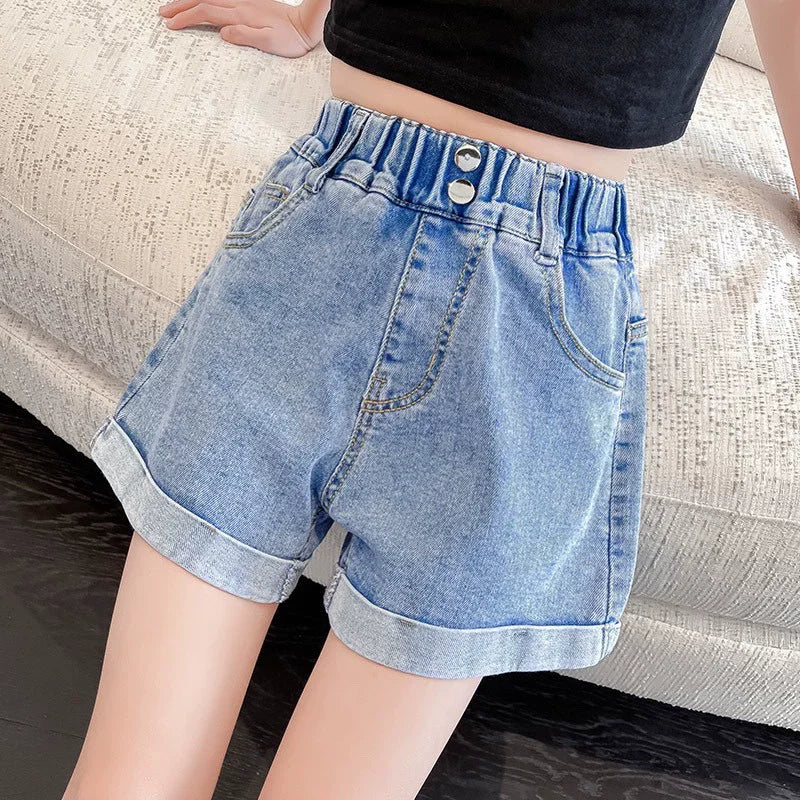 Girls High Waist Distressed Denim Shorts